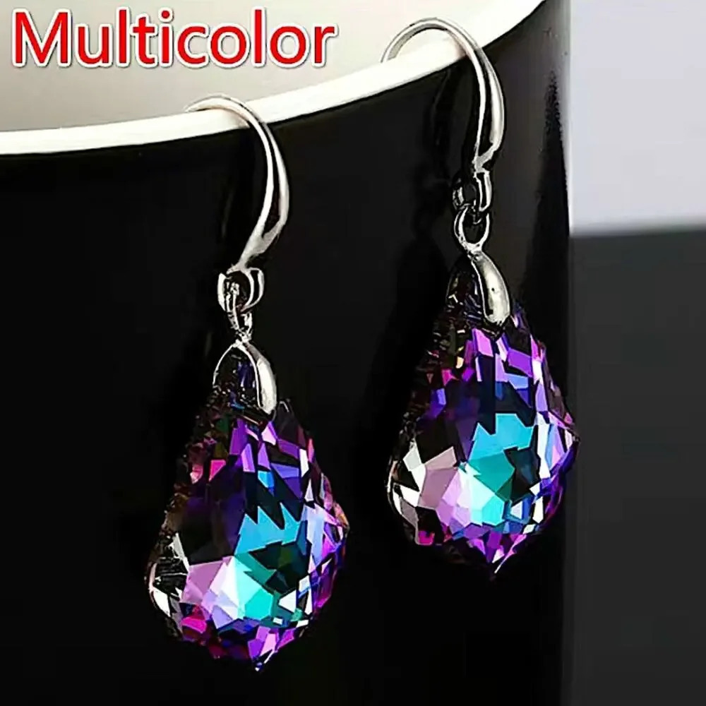Austrian Crystal Silver Drop Dangle Colorful Baroque Leaf Earrings
